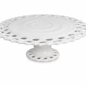 Vintage Westmoreland white milk glass cake stand Doric lace edge